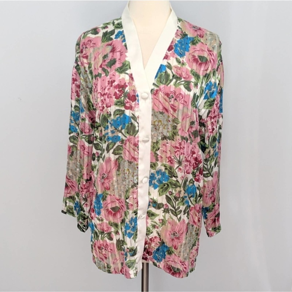 Vintage Gold Tag Victoria Secret Button Down Floral Cream Blouse Medium